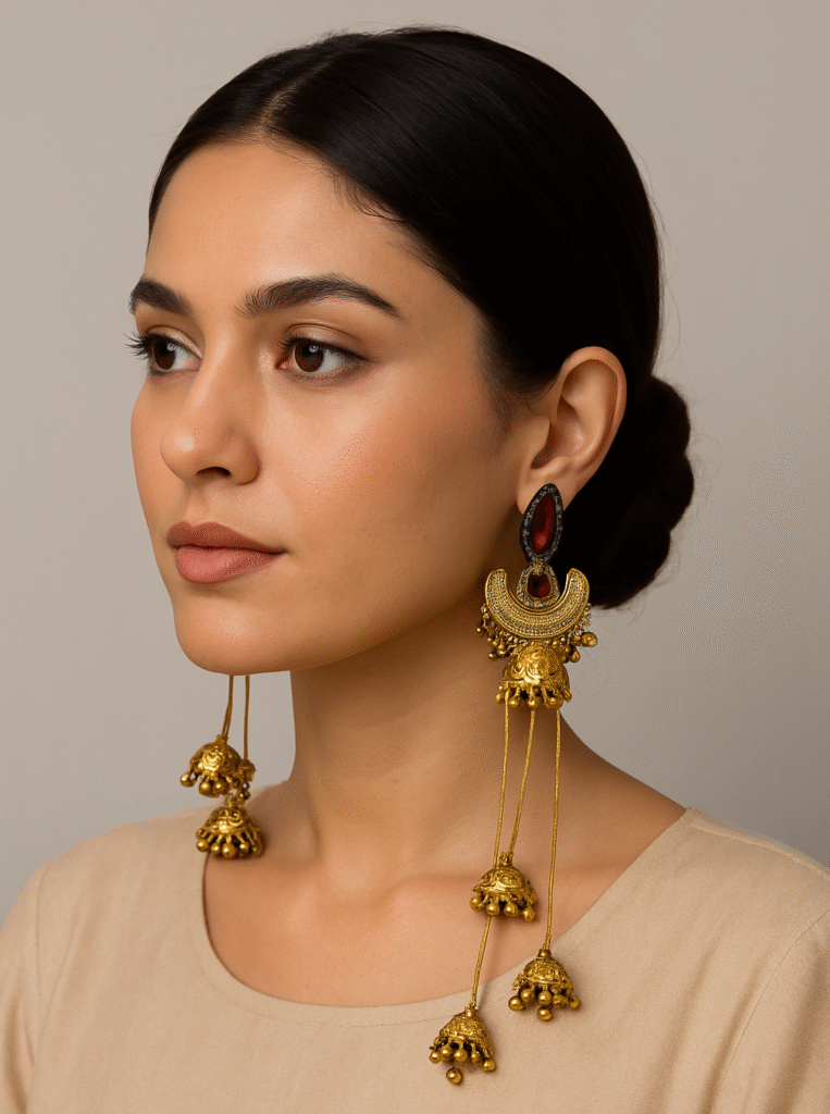Elegant Indian woman wearing oversized gold jhumka earrings with red gemstone studs – traditional ethnic jewelry by Glowfye.