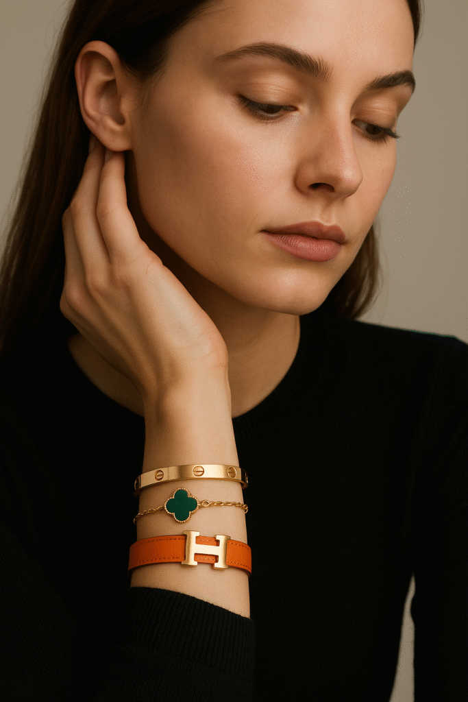 A stylish woman wearing luxury bracelets from Cartier, Van Cleef & Hermès – showcasing the fashion and spiritual significance of bracelets.
