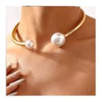 Gold Choker Necklace with Dual Pearls