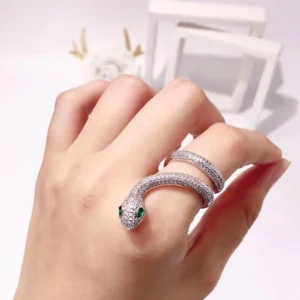 Serpent Wrap Ring – Silver Crystal Snake Ring with Green Eyes