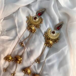 Temple-Inspired Long Gold Earrings with Red Gem Accents