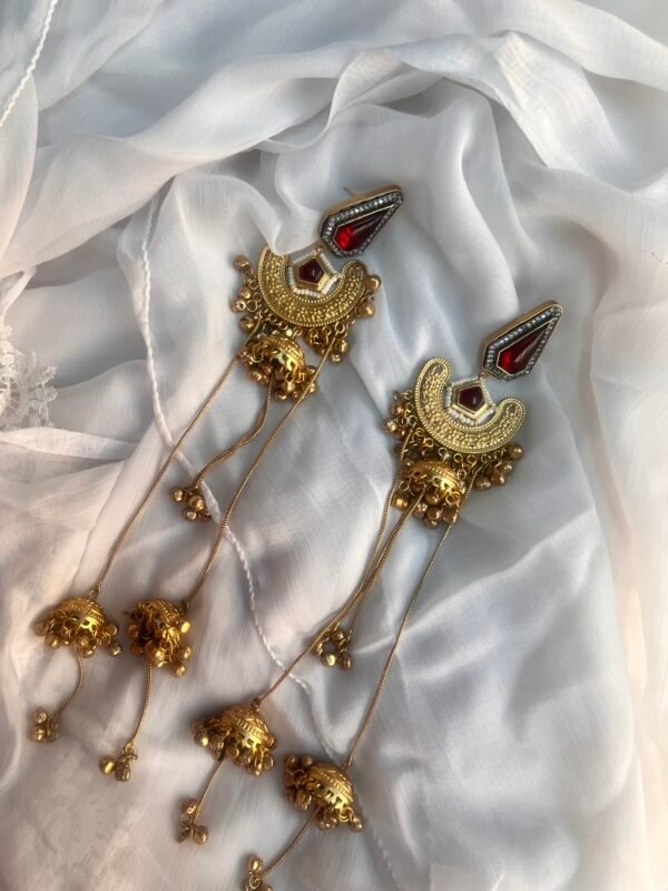 Temple-Inspired Long Gold Earrings with Red Gem Accents